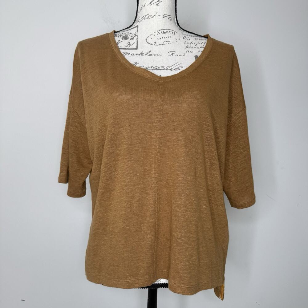 Tahari Brown 100% Linen Short Sleeve Boxy V-Neck Top Medium
